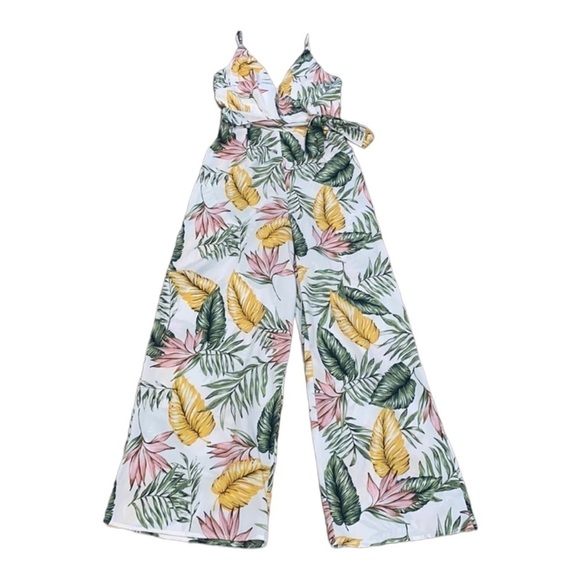 SUPERDOWN x Revolve Kiki Deep V Neck White Tropical Print Tie Waist Jumpsuit XXS - Picture 5 of 8